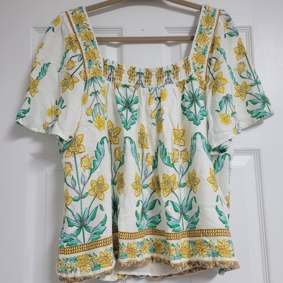 Draper James White Green And Yellow Floral Print Blouse. - Picture 4 of 8